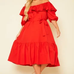 Plus Size Off Shoulder Wide Flare Midi Dress