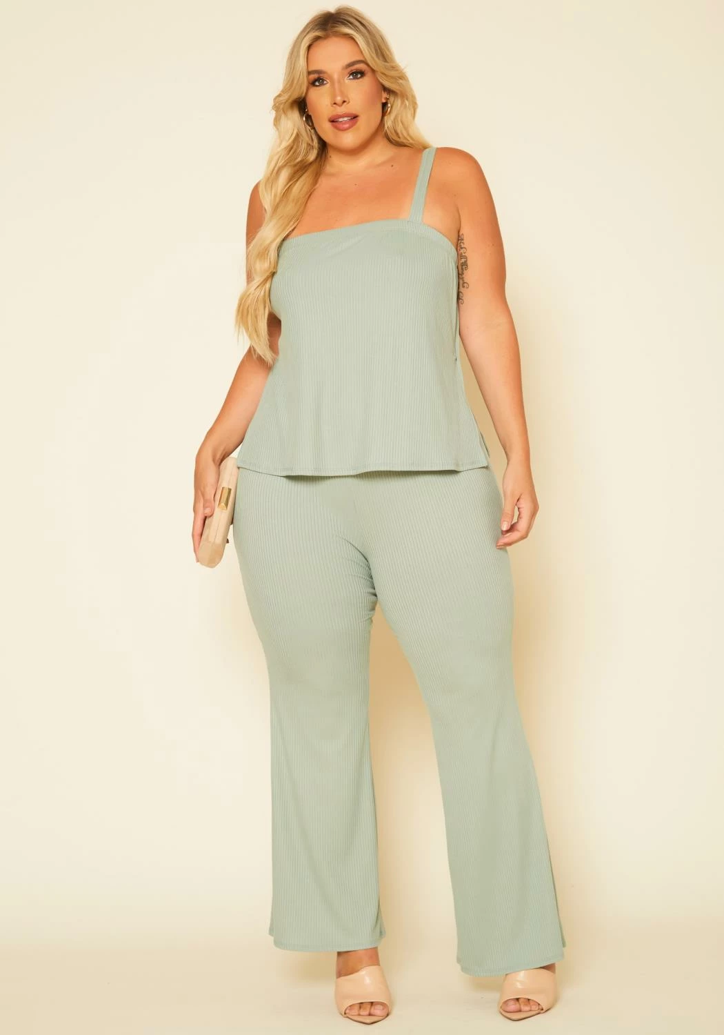 Plus Size Ribbed Tank Top & Wide Leg Pants Set 2 Plus Size Ribbed Tank Top & Wide Leg Pants Set - Image 2