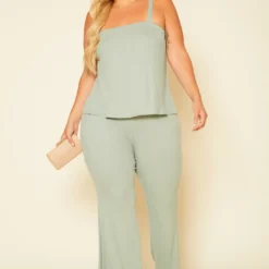 Plus Size Ribbed Tank Top & Wide Leg Pants Set