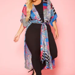 Plus Size Abstract Print Slit Kimono Cardigan
