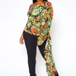 Plus Size Print One Sleeve Drape Hem Blouse