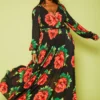 Plus Size Fit & Flare Peony Print Maxi Dress