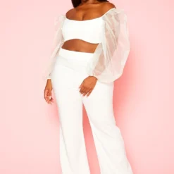 Plus Size Balloon Sleeve Crop Top And Pants Set