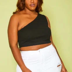 Plus Size Ribbed One Sleeve Crop Top