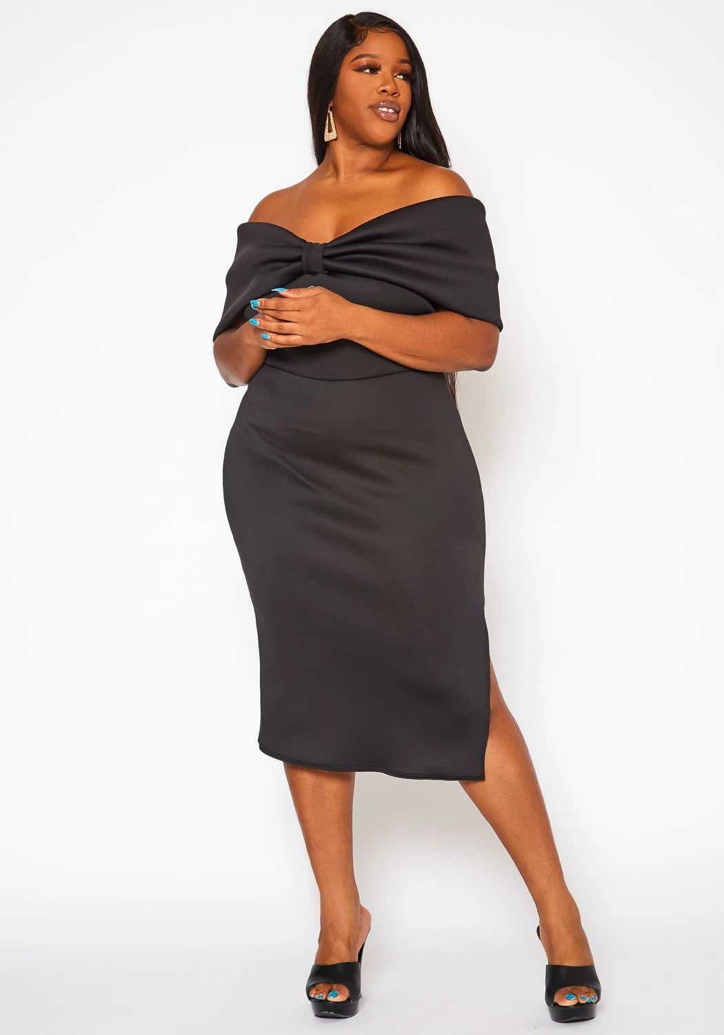 Plus Size Bow Off Shoulder Midi Dress 2 Plus Size Bow Off Shoulder Midi Dress - Image 2