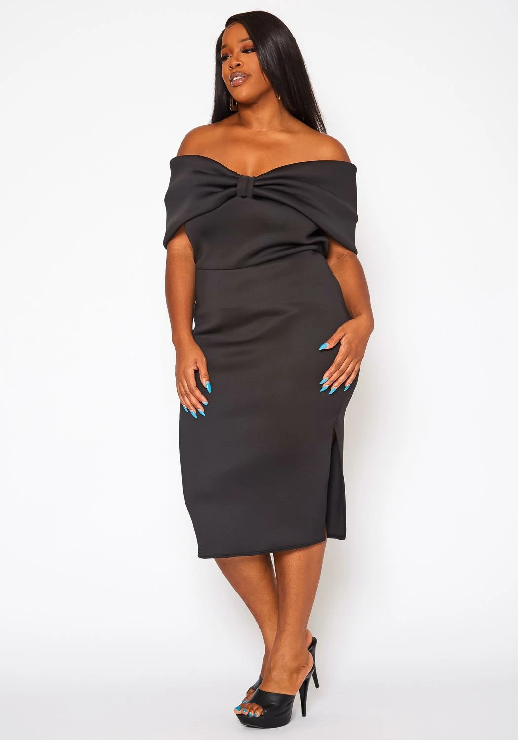 Plus Size Bow Off Shoulder Midi Dress 1 Plus Size Bow Off Shoulder Midi Dress