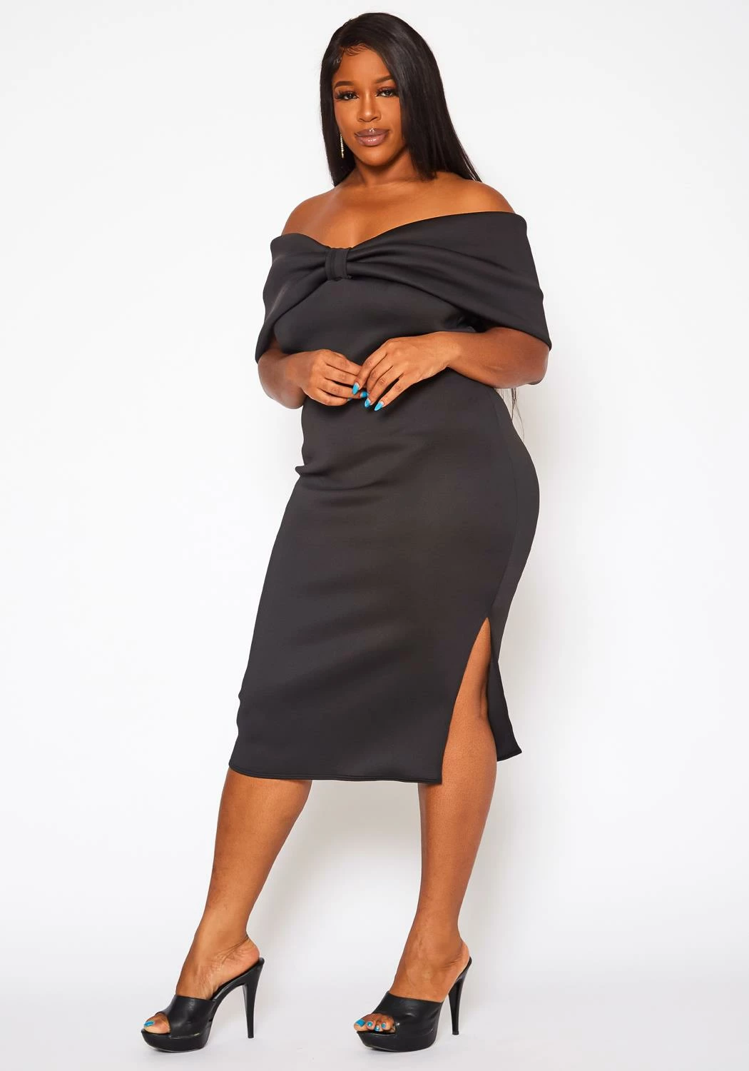 Plus Size Bow Off Shoulder Midi Dress 3 Plus Size Bow Off Shoulder Midi Dress - Image 3