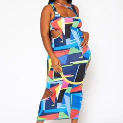 Plus Size Abstract Pattern Cut-Out Midi Dress