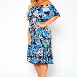 Plus Size Off Shoulder Leaf Print Tiered Dress -Radiant Drape Sales 2020872 001 3