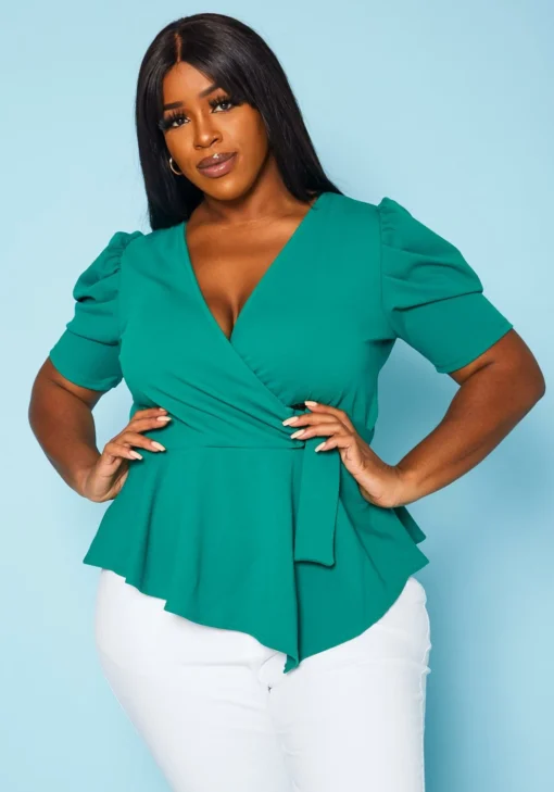 Plus Size Puff Sleeve Wrap Peplum Blouse -Radiant Drape Sales 2020884 001 1