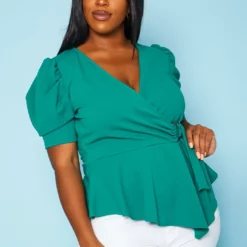 Plus Size Puff Sleeve Wrap Peplum Blouse -Radiant Drape Sales 2020884 001 2
