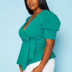 Plus Size Puff Sleeve Wrap Peplum Blouse -Radiant Drape Sales 2020884 001 3