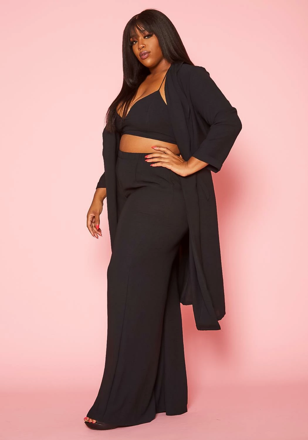 Plus Size Halter Crop Top & Duster Three Piece Set 2 Plus Size Halter Crop Top & Duster Three Piece Set - Image 2