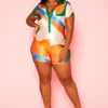 Plus Size Summer Print Collar Romper