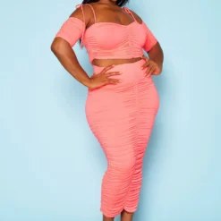 Plus Size Ruched Crop Top & Skirt Two Piece Set