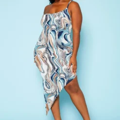 Plus Size Marble Print Asymmetric Cami Dress