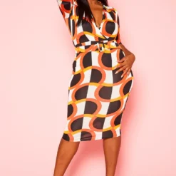 Plus Size Abstract Print Belted Bodycon Midi Dress