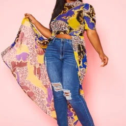 Plus Size Multi Print Chiffon High Low Top