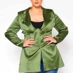 Plus Size Satin Blazer & Corset Set
