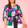 Plus Size Abstract Pattern Waist Tie Blouse