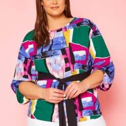 Plus Size Abstract Pattern Waist Tie Blouse -Radiant Drape Sales 2020966 001 2
