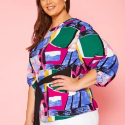 Plus Size Abstract Pattern Waist Tie Blouse -Radiant Drape Sales 2020966 001 3