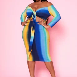 Plus Size Gradient Print Tie Front Bodycon Dress