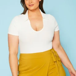 Plus Size Open Collar Ribbed Bodysuit