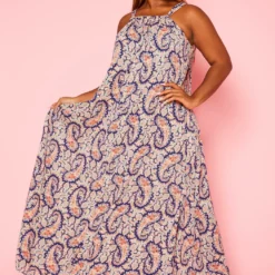 Plus Size Paisley Print Maxi Flare Dress