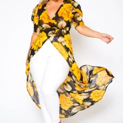 Plus Size Floral Pattern High Low Blouse