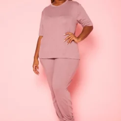 Plus Size Knit Half Sleeve Top And Jogger Pants Set -Radiant Drape Sales 2021040 002 2