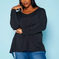 Plus Size V Neck Long Sleeve Top