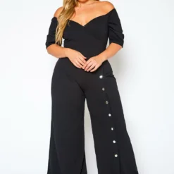 Plus Size Off Shoulder Button Down Jumpsuit
