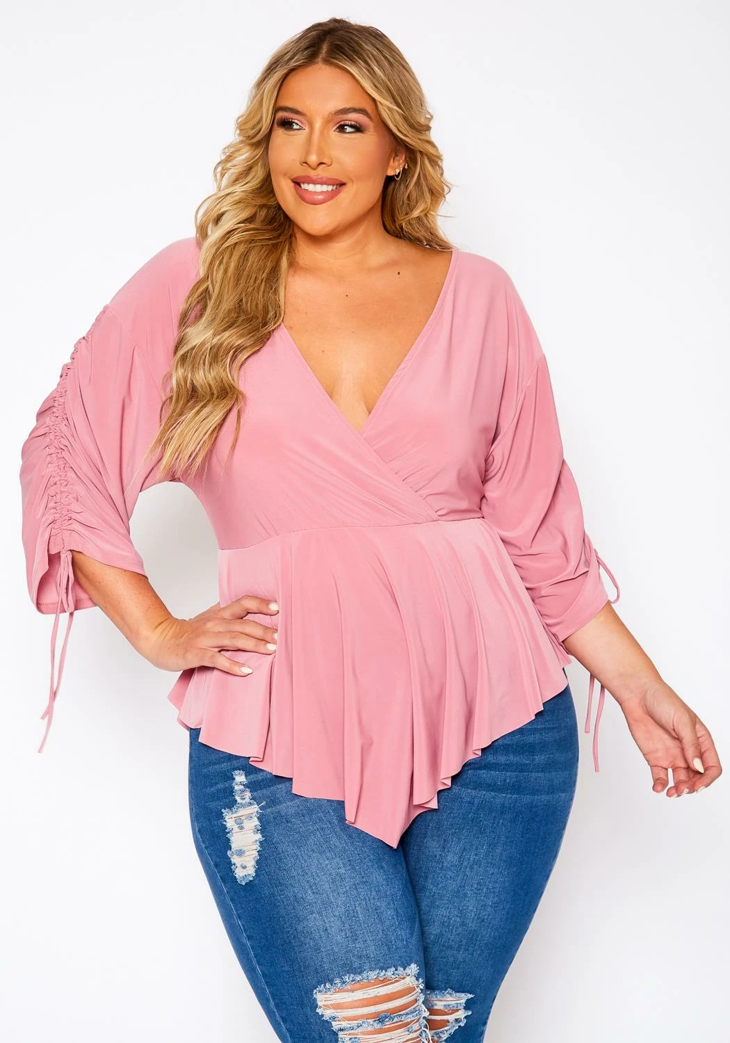 Plus Size Surplice Shirred Sleeve Peplum Blouse 1 Plus Size Surplice Shirred Sleeve Peplum Blouse