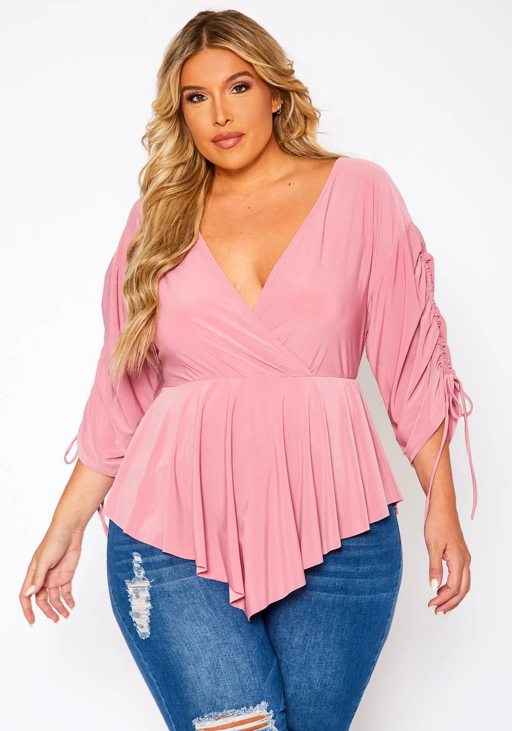 Plus Size Surplice Shirred Sleeve Peplum Blouse 2 Plus Size Surplice Shirred Sleeve Peplum Blouse - Image 2