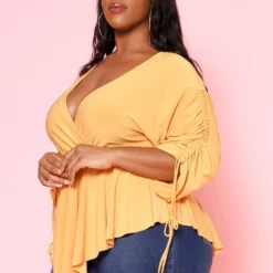 Plus Size Surplice Shirred Sleeve Peplum Blouse -Radiant Drape Sales 2021079 003 3