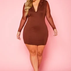 Plus Size Collared Bodycon Dress With Mesh Sleeves