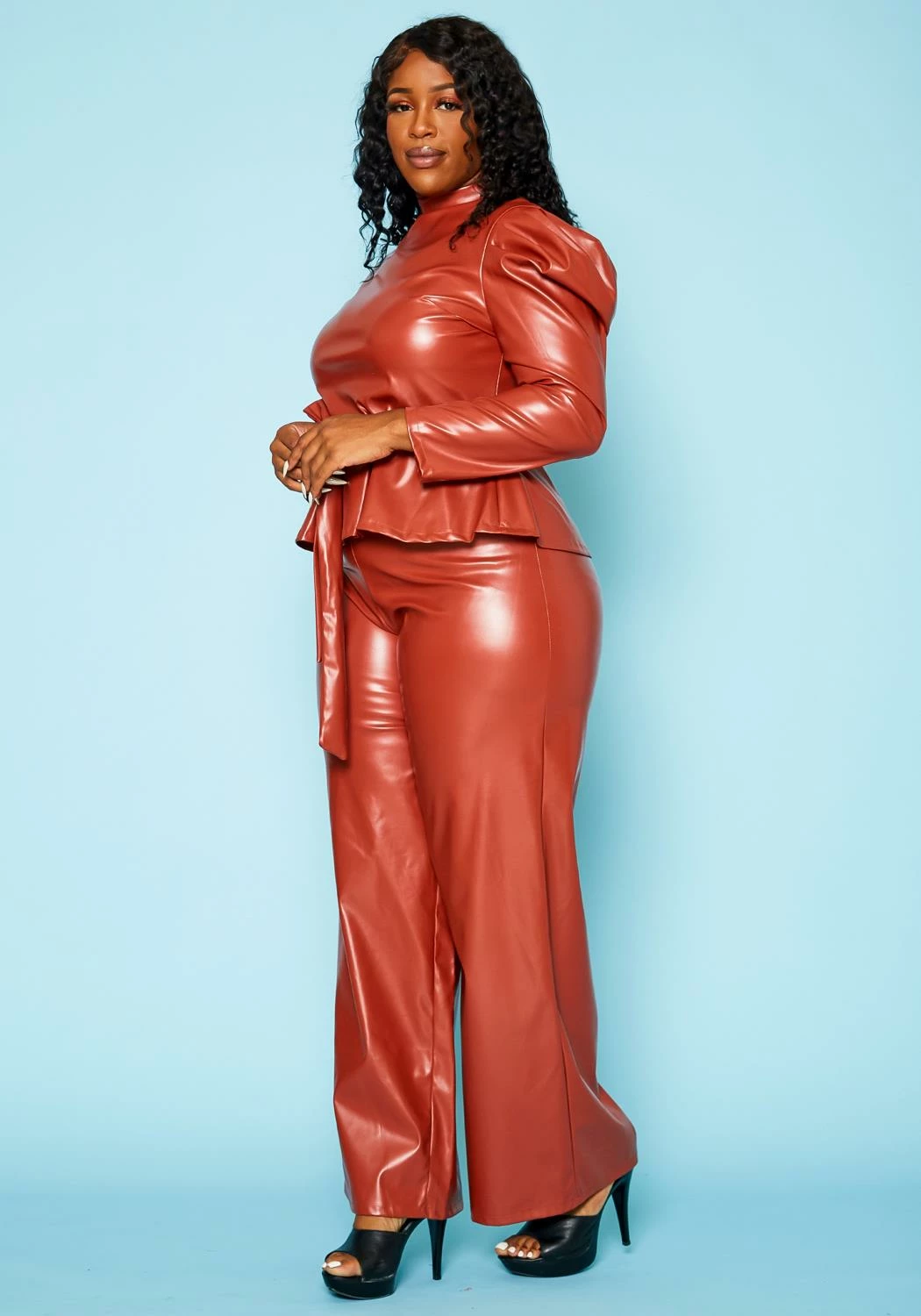 Plus Size Faux Leather Peplum Top & Pants Set 4 Plus Size Faux Leather Peplum Top & Pants Set - Image 4
