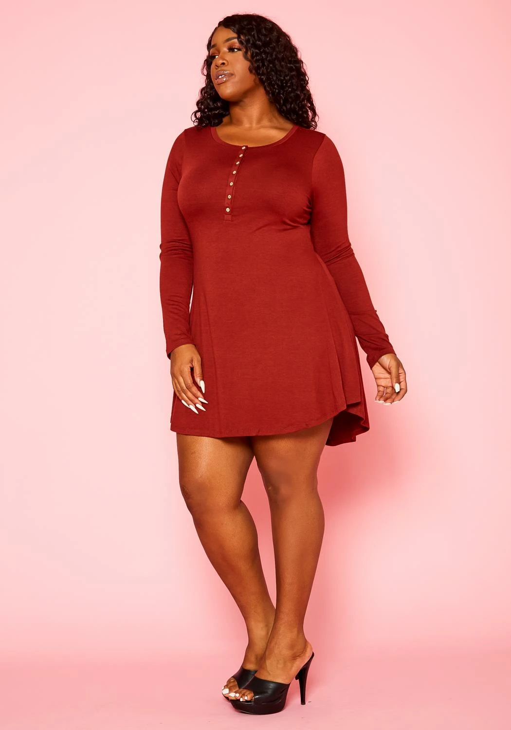 Plus Size Button Hem Long Sleeve Flare Mini Dress 3 Plus Size Button Hem Long Sleeve Flare Mini Dress - Image 3