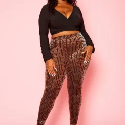 Plus Size Crop Top & Greek Key Print Pants Set