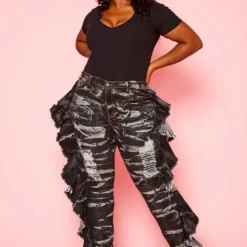 Plus Size Acid Washed Ruffle Hem Denim Jeans
