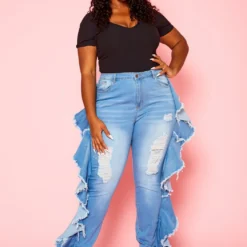 Plus Size Blue Wash Ruffle Hem Denim Jeans
