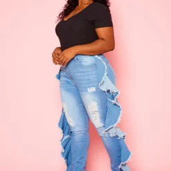 Plus Size Blue Wash Ruffle Hem Denim Jeans -Radiant Drape Sales 2021118 001 2