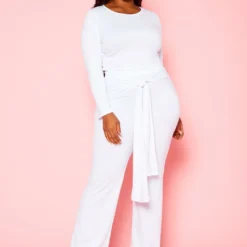 Plus Size Crop Sweater & Belted Flare Pants Set