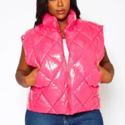 Plus Size PU Faux Leather Puffer Vest