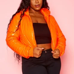 Plus Size PU Faux Leather Puffer Coat