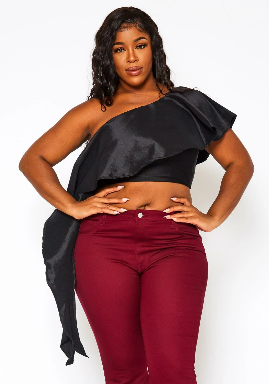 Plus Size Asymmetric Hem One Sleeve Crop Top 1 Plus Size Asymmetric Hem One Sleeve Crop Top