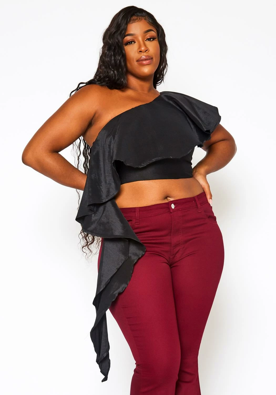 Plus Size Asymmetric Hem One Sleeve Crop Top 3 Plus Size Asymmetric Hem One Sleeve Crop Top - Image 3