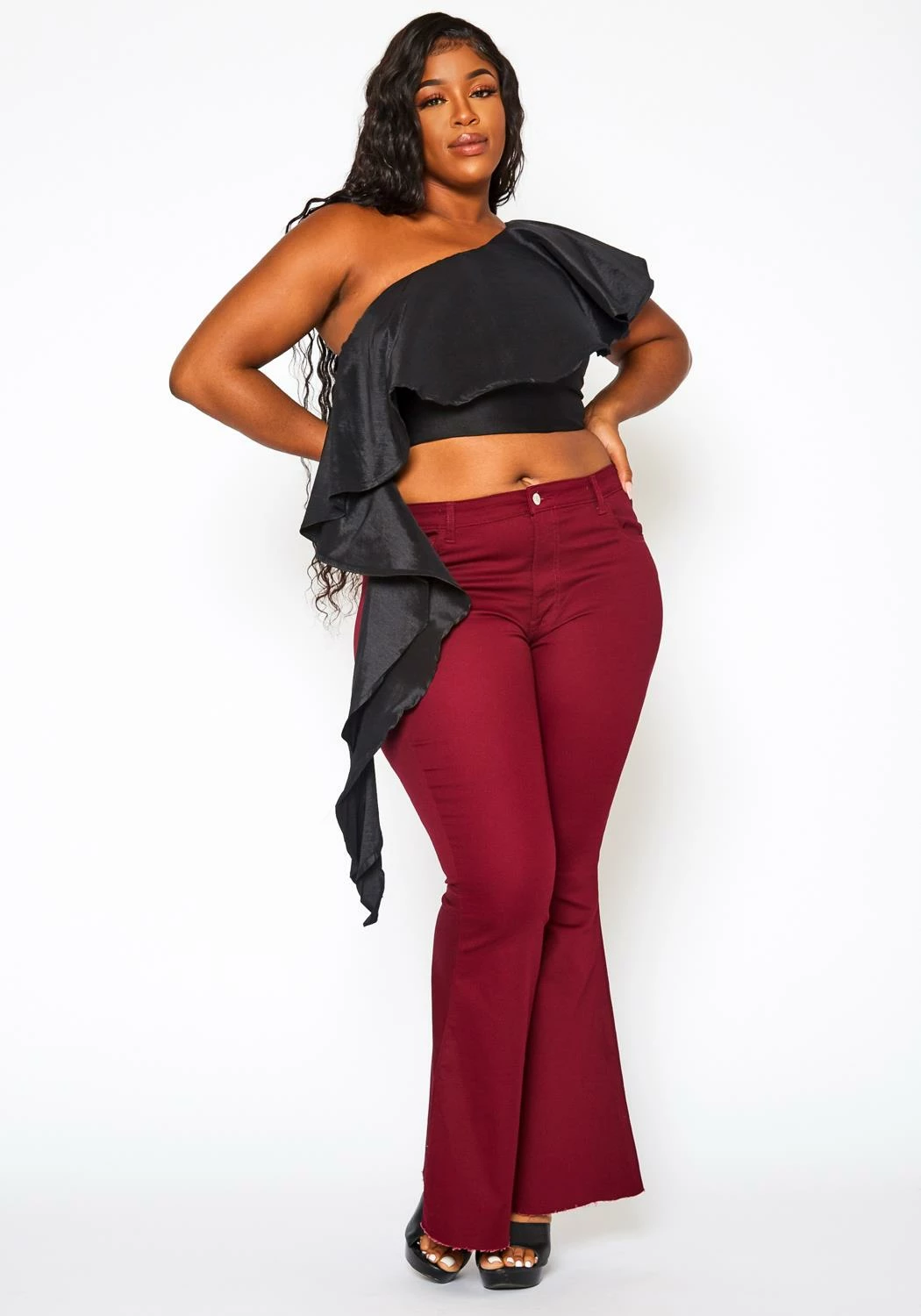 Plus Size Asymmetric Hem One Sleeve Crop Top 2 Plus Size Asymmetric Hem One Sleeve Crop Top - Image 2