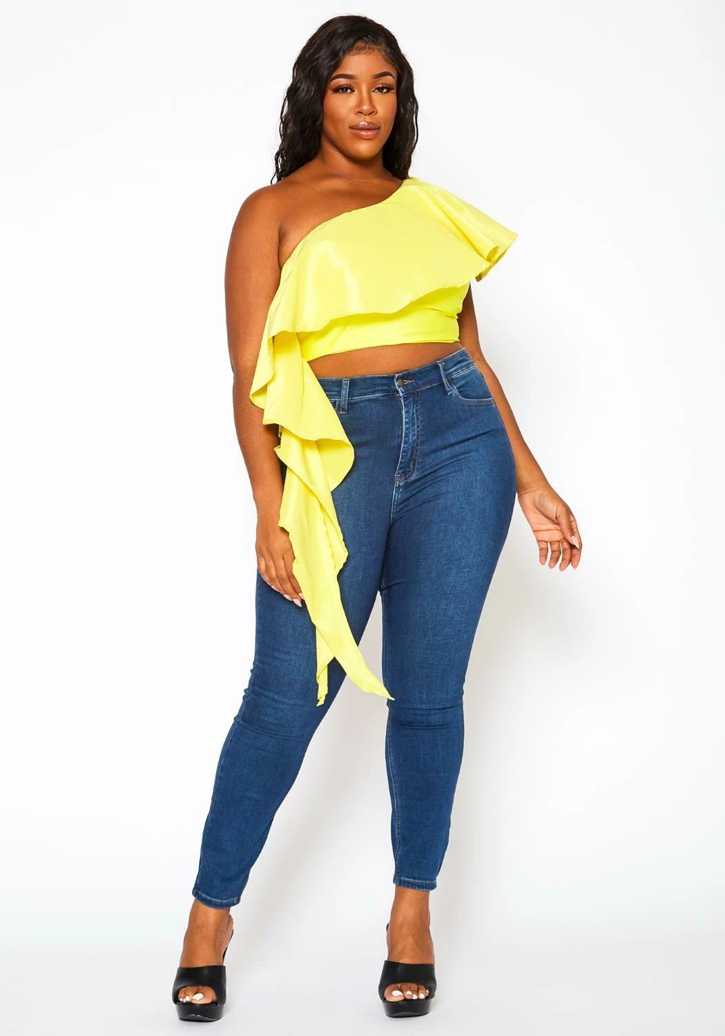 Plus Size Asymmetric Hem One Sleeve Crop Top 2 Plus Size Asymmetric Hem One Sleeve Crop Top - Image 2